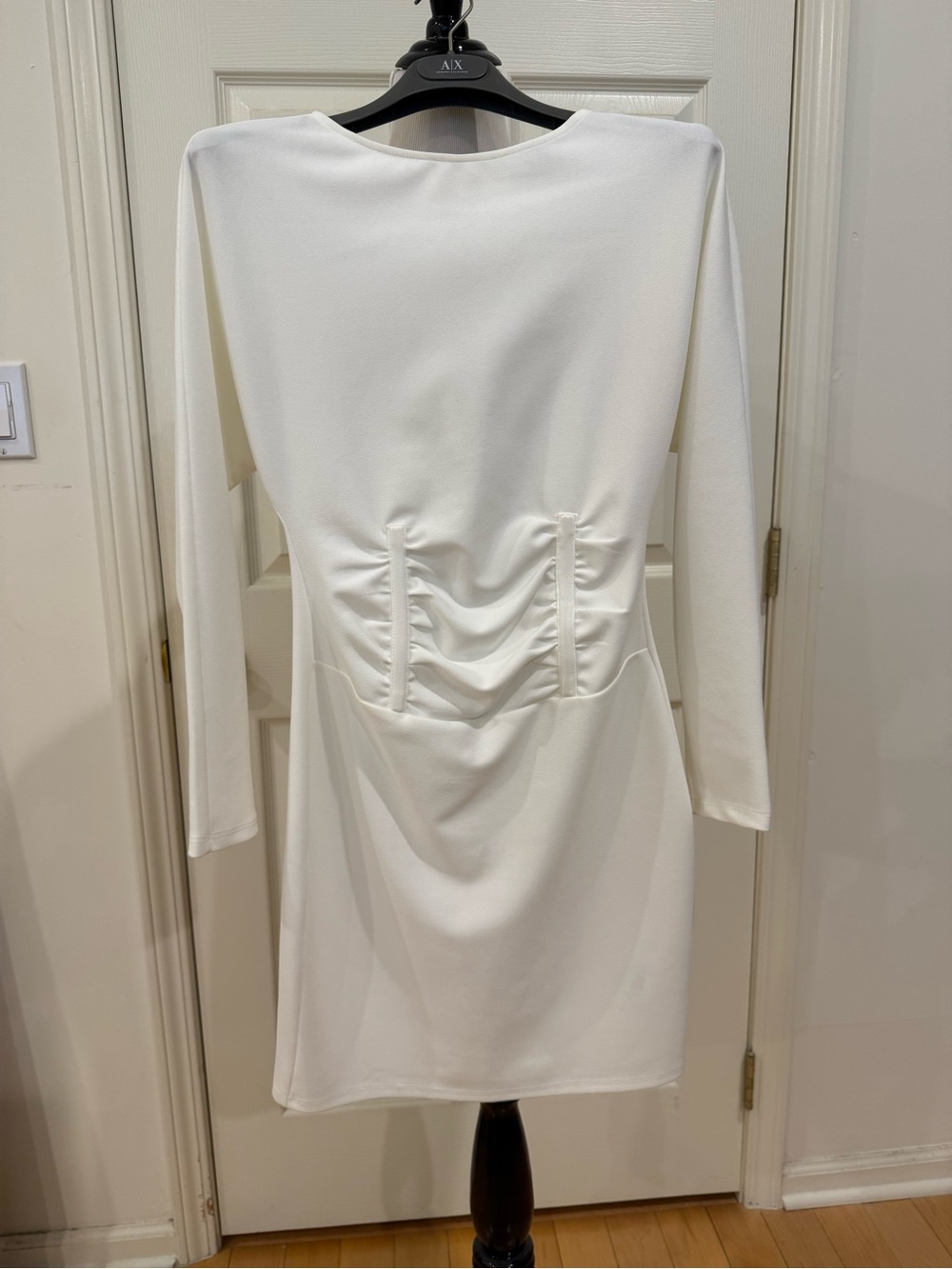 White Long-Sleeve Ruched-Waist Mini Dress